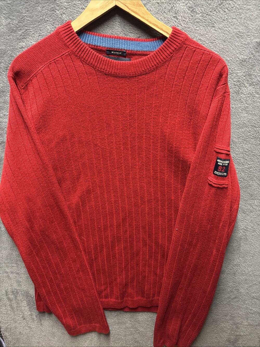 Vintage Abercrombie & Fitch Mens Sweater L Red Ribbed Muscle Fit A92 Y2K Crew